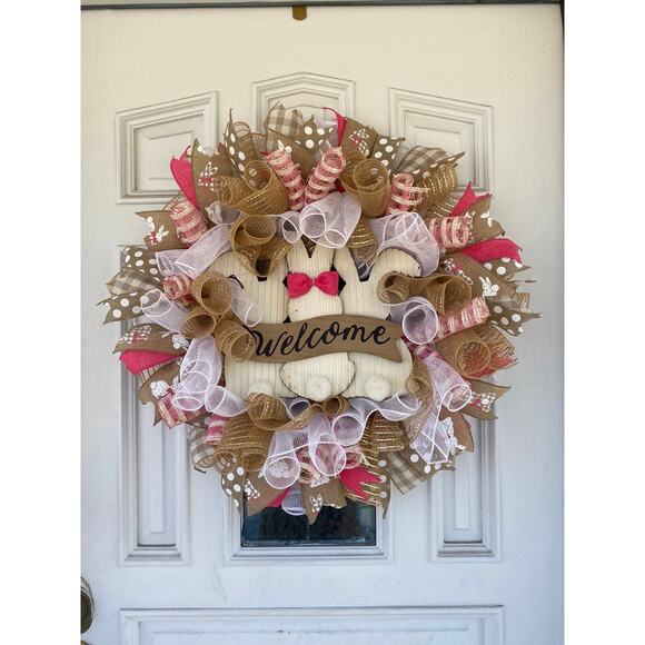 Welcome Bunnies Burlap Buffalo Check Easter Spring Deco Mesh & Ribbon Wreath - Picture 1 of 11